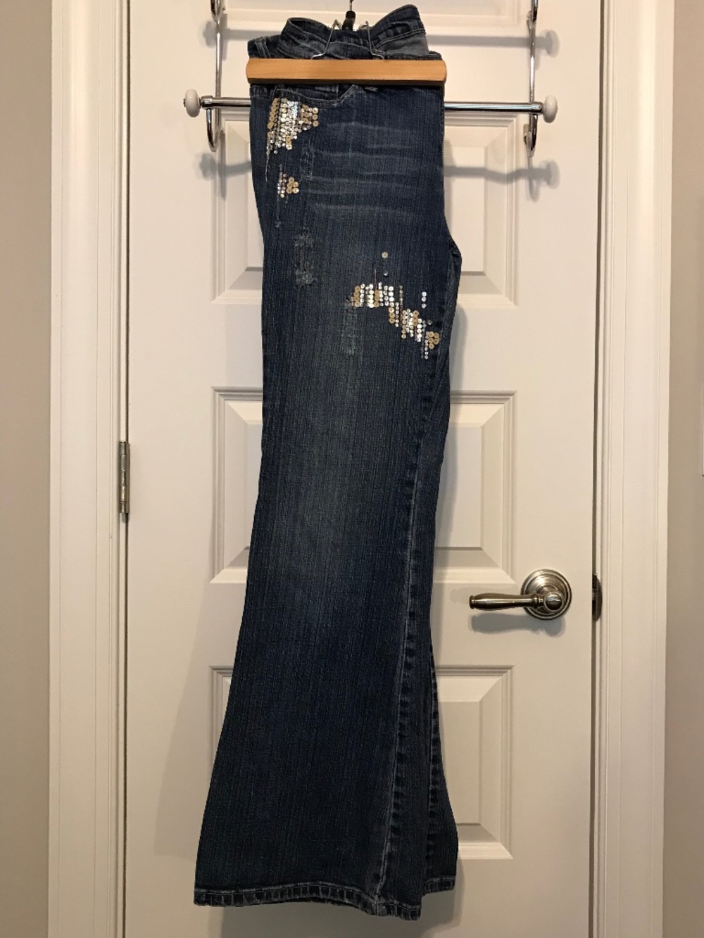YS USA bootcut mid-tone blue jeans with scattered sequin pattern (L)
